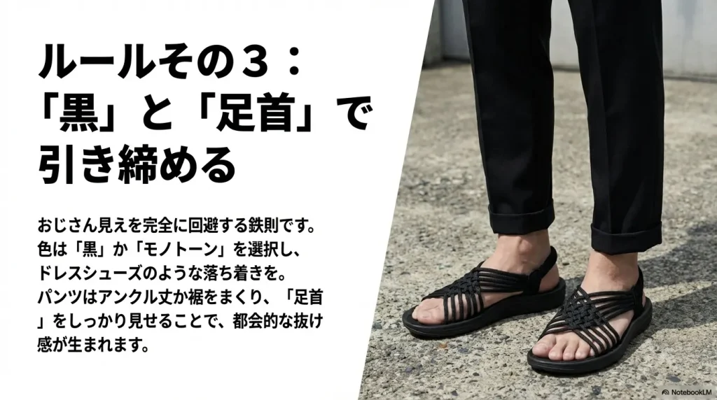 色は黒かモノトーンを選び、アンクル丈で足首を見せるルールを説明したスライド