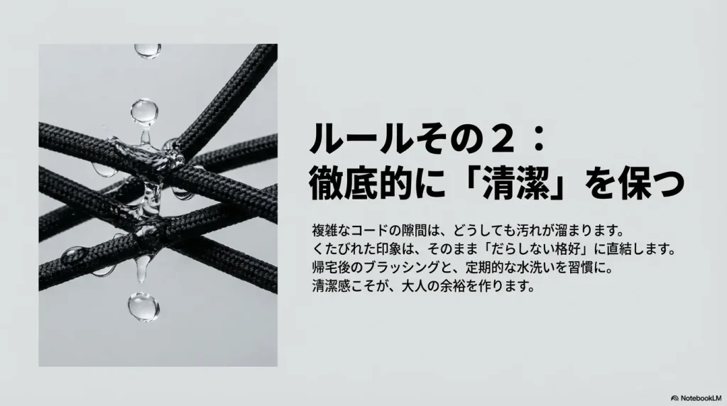 ブラッシングと水洗いの重要性を説く、水滴が滴るコードのスライド画像