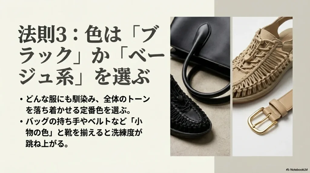 ブラックかベージュ系の定番色を選び、バッグやベルトなど小物の色と揃えることで洗練度を上げる法則3の解説スライド