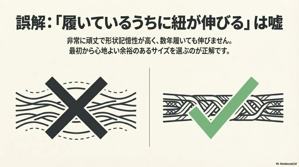 ユニークのコードは形状記憶性が高く、数年履いても伸びないため最初から余裕のあるサイズを選ぶべきと説明する画像。
