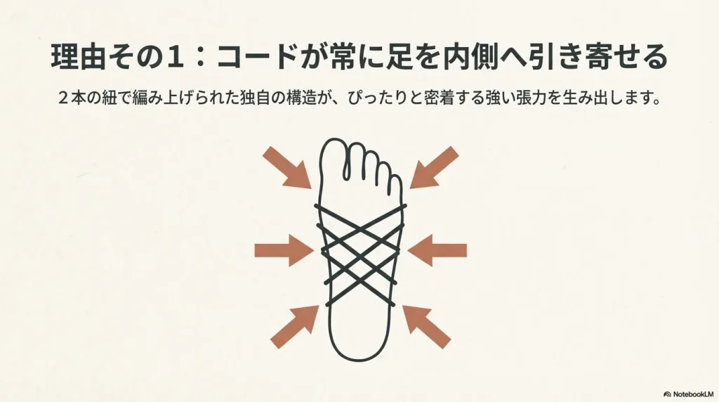 2本の紐で編み上げられた構造が足を内側へ引き寄せ、強い張力を生むことを説明するイラスト。