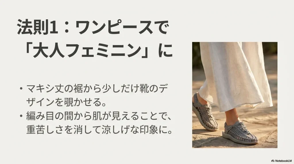 白いワンピースの裾からグレーのユニークが覗く足元の写真。マキシ丈から靴を覗かせ、編み目から肌を見せて涼しげな印象を作る法則1の解説スライド