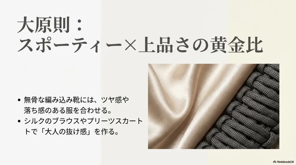 織り素材のアップ画像。無骨な編み込み靴にはツヤ感や落ち感のある服を合わせ、シルクやプリーツで大人の抜け感を作る大原則の解説スライド