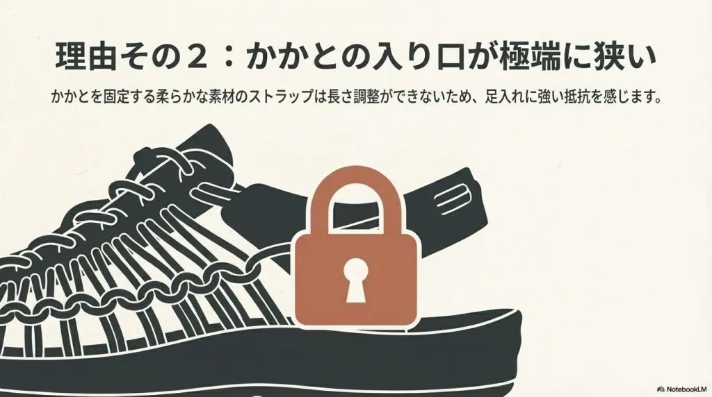 かかとの入り口が狭く、ストラップの長さ調整ができないため足入れに抵抗があることを示す画像。