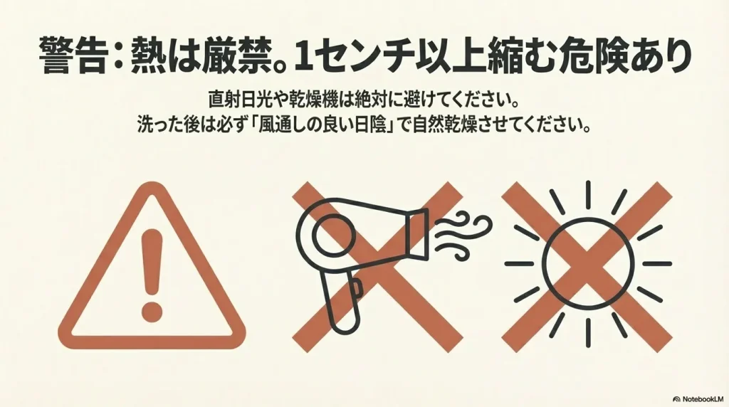 直射日光や乾燥機、ドライヤーによる熱で縮む危険性を警告し、日陰での自然乾燥を推奨する画像。