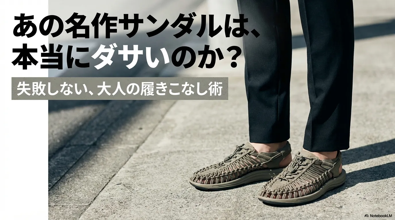 「あの名作サンダルは本当にダサいのか？失敗しない大人の履きこなし術」と書かれたスライド画像