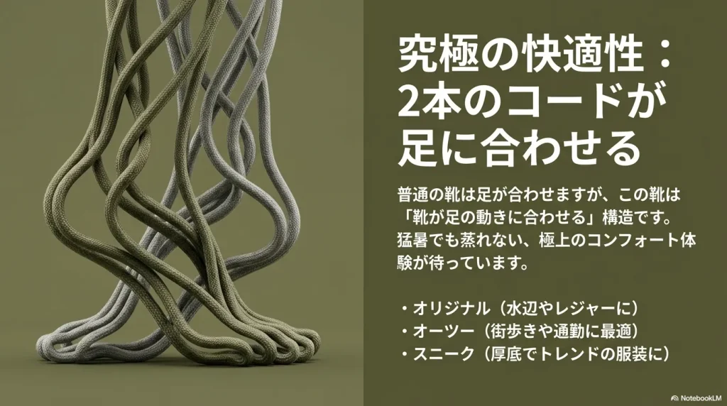 2本のコードによる快適な構造と、オリジナル、オーツー、スニークの各モデルの特徴をまとめたスライド