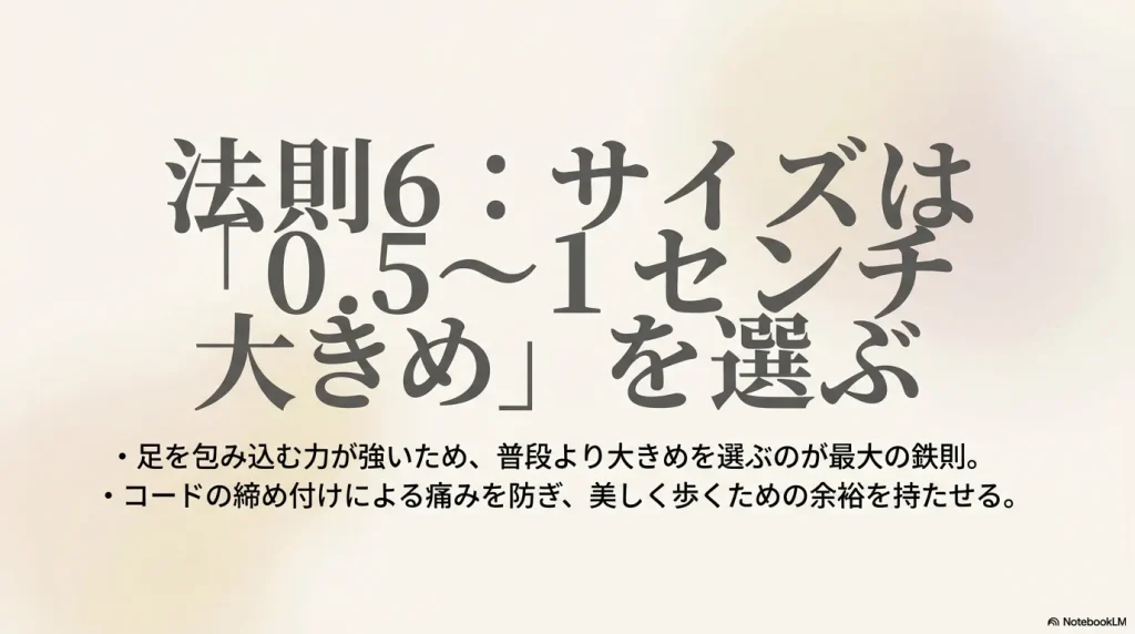 guide-plus-1cm.jpg サイズは0.5〜1センチ大きめを選ぶという文字が大きく書かれたスライド。コードの締め付けによる痛みを防ぐための法則6の解説