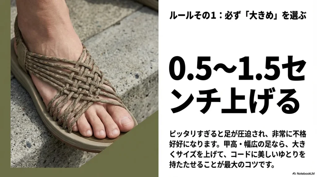 「必ず大きめを選ぶ」「0.5〜1.5センチ上げる」というサイズ選びのコツを説明したスライド