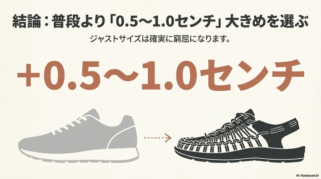 普段より0.5cmから1.0cm大きめを選ぶのがユニークのサイズ選びの結論であることを示す画像。