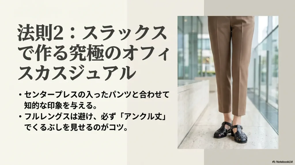 センタープレスのスラックスと黒のユニークを合わせた足元写真。知的な印象を与えるアンクル丈のコツを紹介する法則2の解説スライド