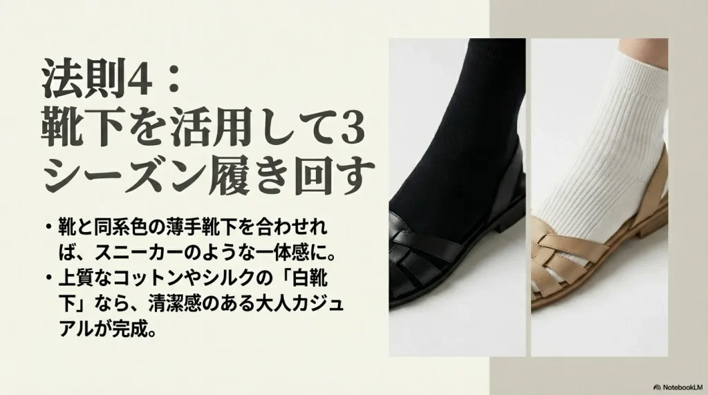 同系色の薄手靴下や上質な白靴下を合わせることで、スニーカーのような一体感や清潔感ある大人カジュアルを作る法則4の解説スライド