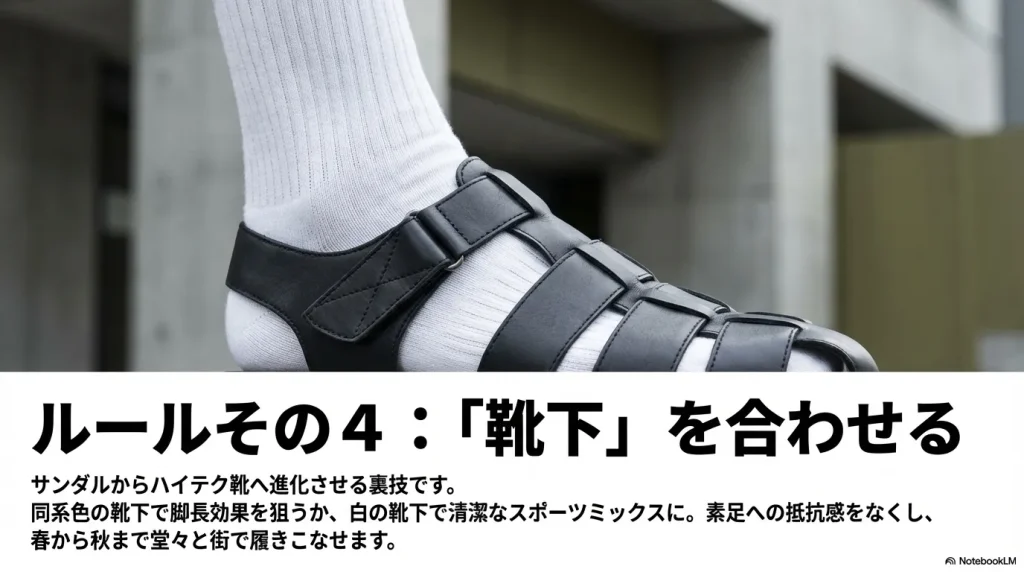 黒のサンダルに白ソックスを合わせた、清潔感のあるスポーツミックススタイルのスライド
