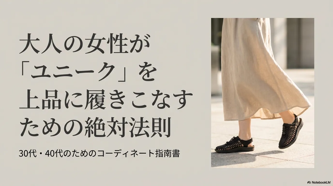 大人の女性がKEENのユニークを上品に履きこなすための絶対法則、30代・40代のためのコーディネート指南書というタイトルの表紙スライド