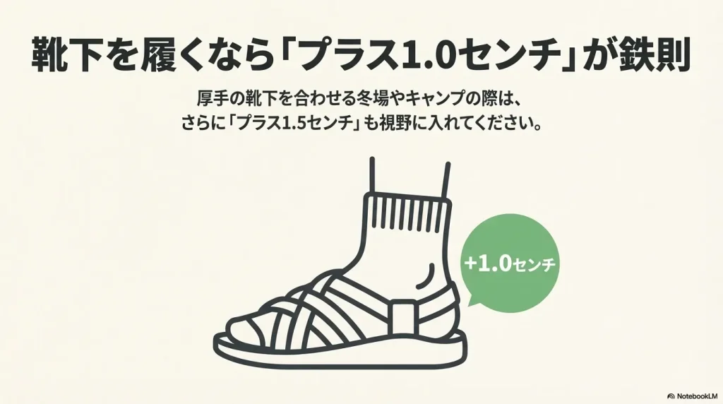 靴下を履く場合はプラス1.0cm、厚手ならプラス1.5cmが鉄則であることを示す画像。