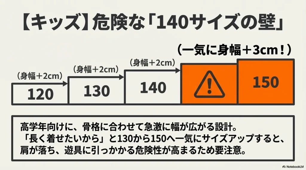 キッズモデルの140サイズから150サイズで身幅が一気に3cm広がることを示す図解