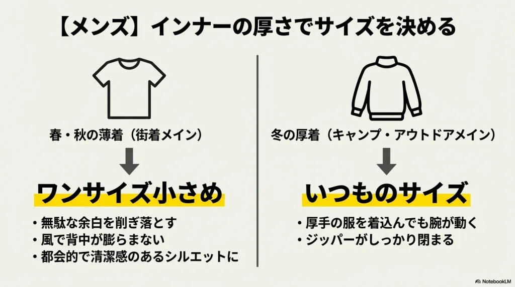 春秋の薄着と冬の厚着で変わるメンズのサイズ選びの目安