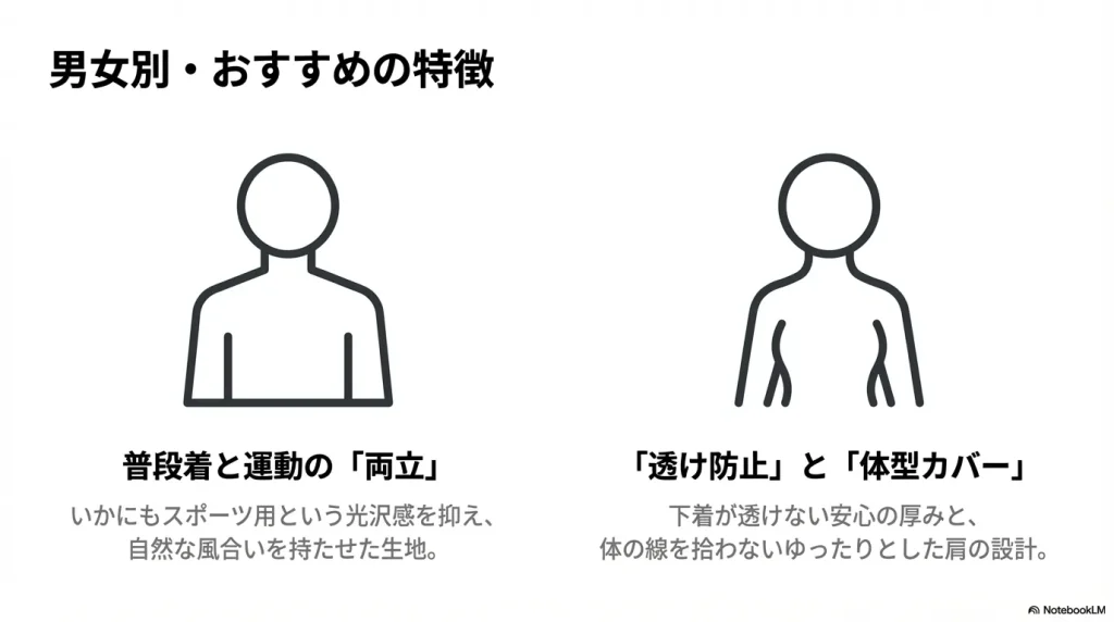 男女のシルエットアイコンと、普段着との両立や透け防止・体型カバーといった特徴のまとめ