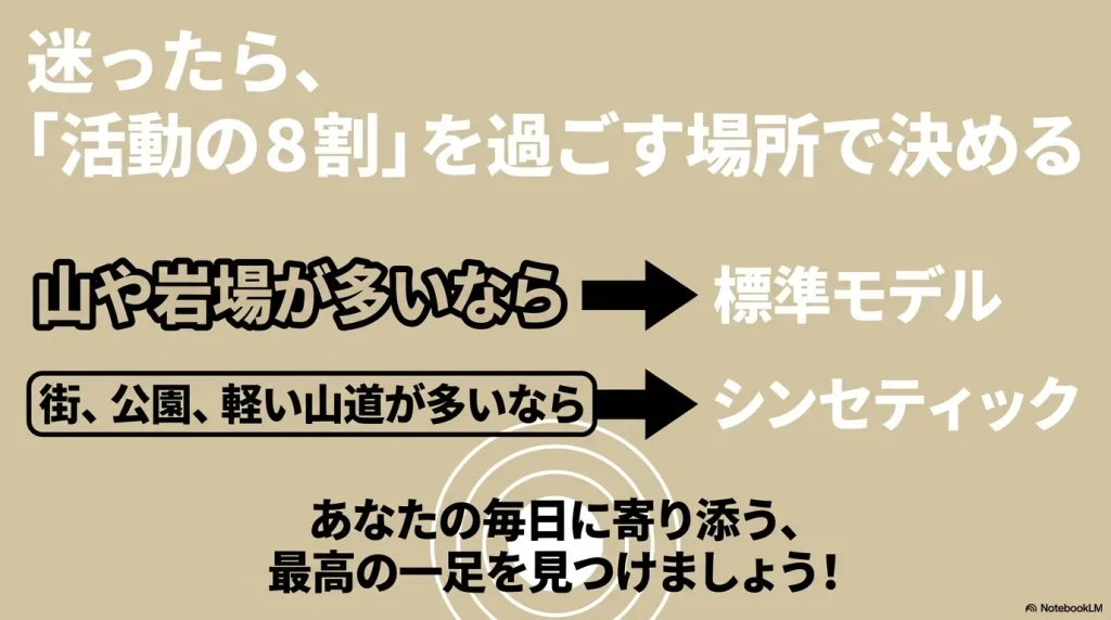活動の8割を過ごす場所が、山や岩場なら「標準モデル」、街や公園、軽い山道なら「シンセティック」を選ぶという決定基準。