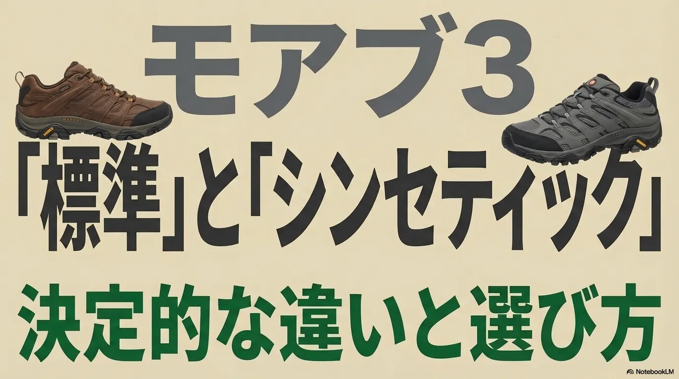 メレル モアブ3の「標準（レザー）」モデルと「シンセティック」モデルの決定的な違いと選び方を解説するタイトルスライド。