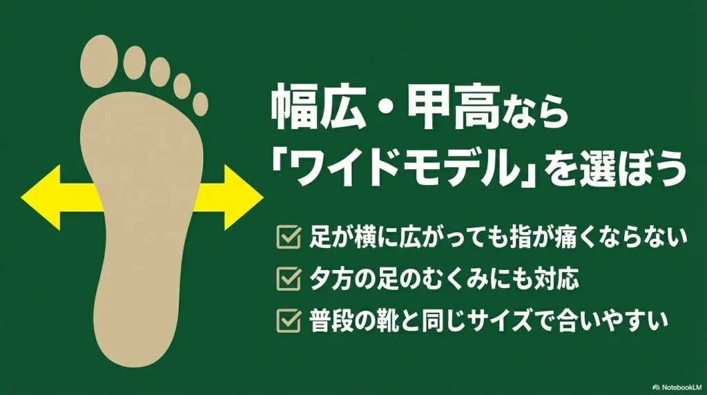 指が痛くなりにくく、夕方のむくみにも対応するワイドモデルのメリット。普段のサイズで合いやすいという特徴の解説。