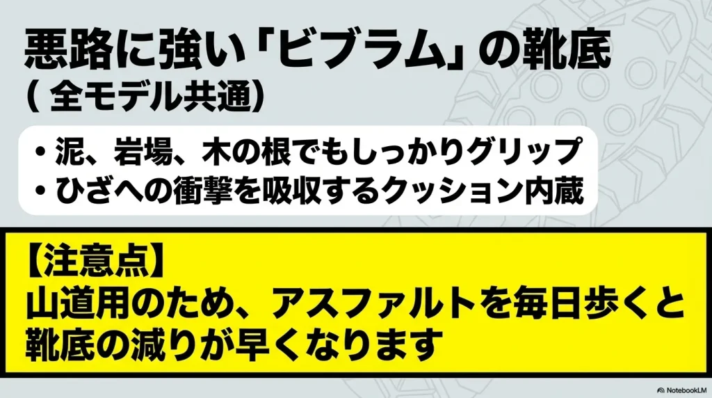 泥や岩場でのグリップ力と衝撃吸収クッションについて。山道用の特殊ゴムのためアスファルトでは摩耗が早くなるという注意点。