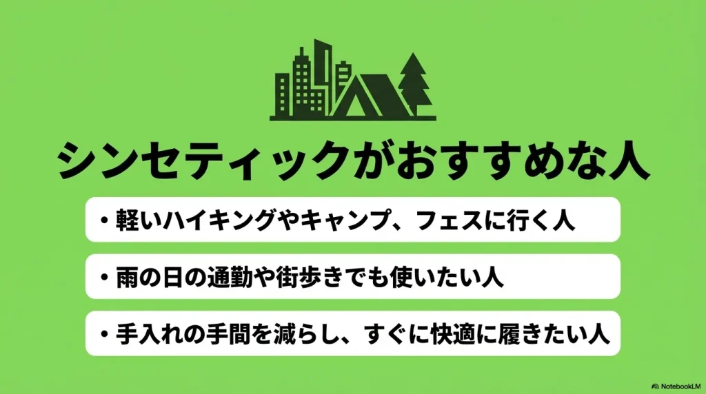軽いハイキング、キャンプ、雨の日の通勤、手入れを楽にしたい人にはシンセティックがおすすめであることを示すスライド。
