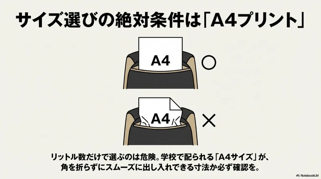 サイズ選びの絶対条件はA4プリントであることを示す画像 。リットル数だけで選ぶのは危険であり、学校で配られるA4サイズが角を折らずにスムーズに出し入れできる寸法か必ず確認するよう注意を促している 。