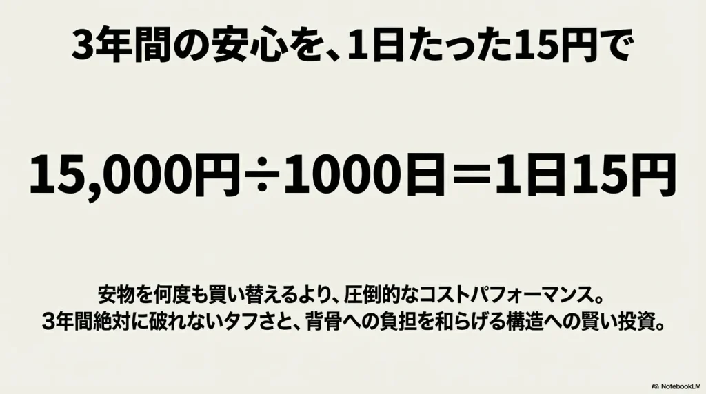 15,000円のリュックを1000日使うと1日たった15円になり、3年間の安心を得られることを示す画像 。安物を何度も買い替えるより圧倒的なコストパフォーマンスであり、3年間絶対に破れないタフさと背骨への負担を和らげる構造への賢い投資であると説明している 。