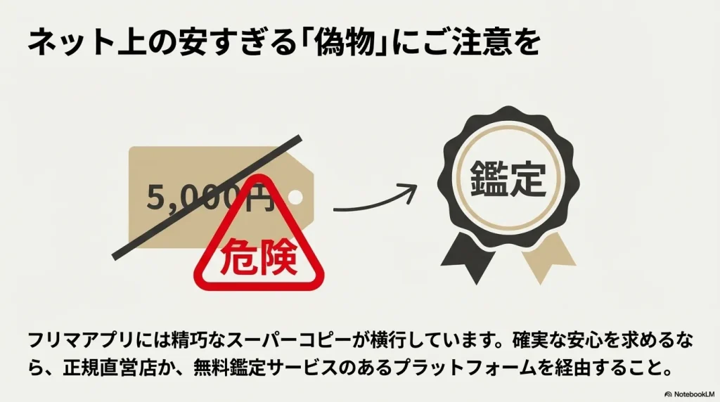 ネット上の安すぎる偽物にご注意をという警告画像 。フリマアプリには精巧なスーパーコピーが横行しているため、確実な安心を求めるなら正規直営店か無料鑑定サービスのあるプラットフォームを経由するよう促している 。