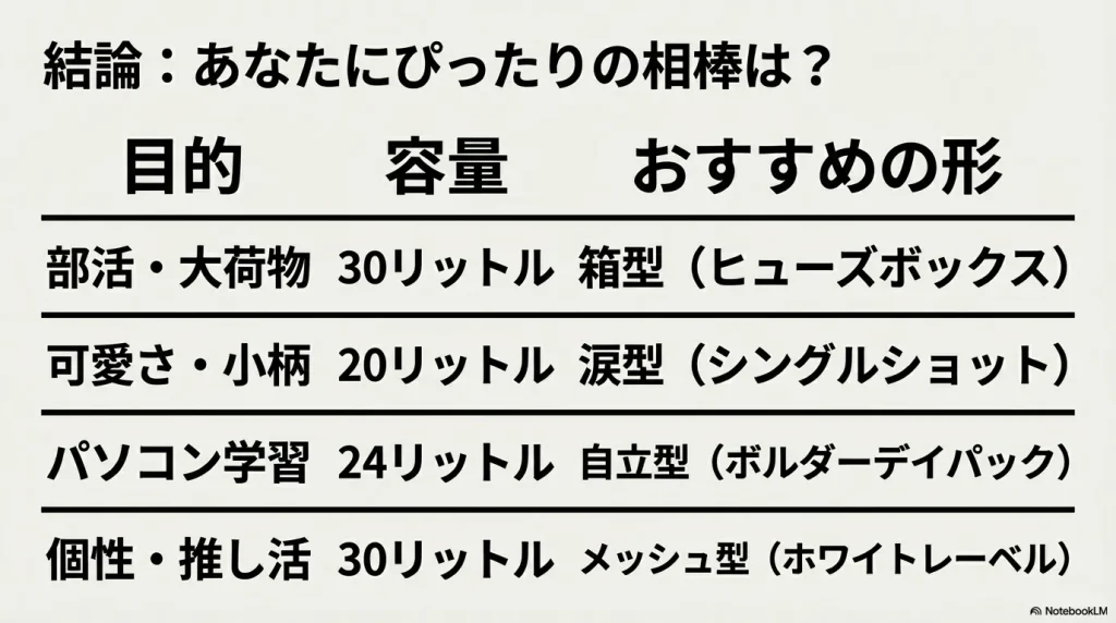 結論として、目的別におすすめの容量と形をまとめた一覧表 。部活・大荷物には30リットルの箱型（ヒューズボックス）、可愛さ・小柄な方には20リットルの涙型（シングルショット）、パソコン学習には24リットルの自立型（ボルダーデイパック）、個性・推し活には30リットルのメッシュ型（ホワイトレーベル）が推奨されている 。