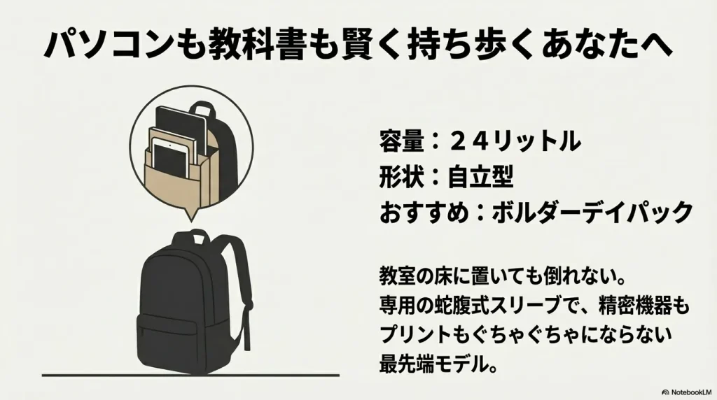 パソコンも教科書も賢く持ち歩く学生向けに、容量24リットルで自立型のボルダーデイパックをおすすめする画像 。教室の床に置いても倒れないことや、専用の蛇腹式スリーブで精密機器もプリントもぐちゃぐちゃにならない最先端モデルであることが示されている 。