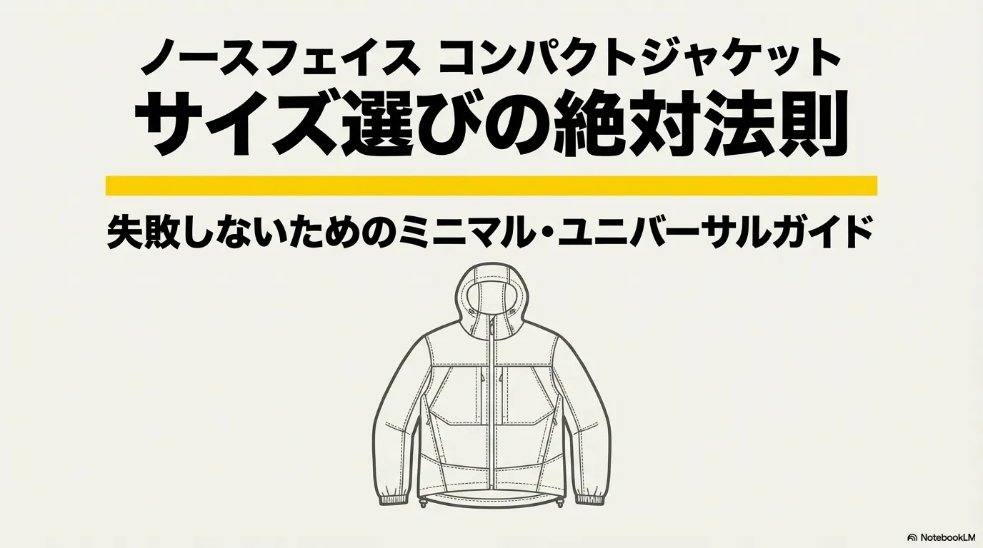 ノースフェイス コンパクトジャケットのサイズ選びの絶対法則を示すタイトルスライド