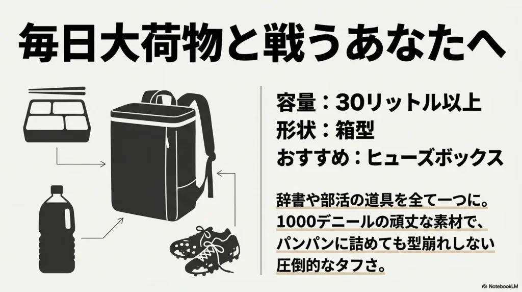 毎日大荷物と戦う学生向けに、容量30リットル以上で箱型のヒューズボックスをおすすめする画像 。辞書や部活の道具を全て一つにまとめられ、1000デニールの素材でパンパンに詰めても型崩れしない圧倒的なタフさが特徴である 。
