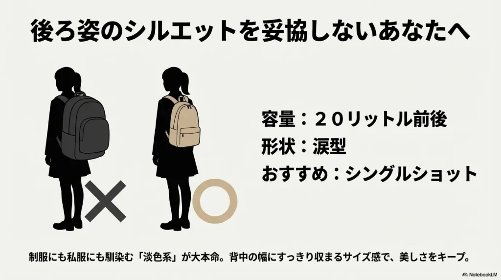 後ろ姿のシルエットを妥協しない学生向けに、容量20リットル前後で涙型のシングルショットをおすすめする画像 。制服にも私服にも馴染む淡色系が大本命であり、背中の幅にすっきり収まるサイズ感で美しさをキープできる 。