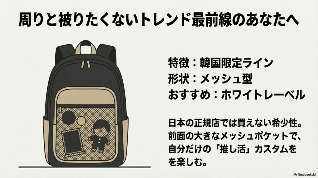 周りと被りたくないトレンド最前線の学生向けに、韓国限定ラインでメッシュ型のホワイトレーベルをおすすめする画像 。日本の正規店では買えない希少性があり、前面の大きなメッシュポケットで自分だけの推し活カスタムを楽しむことができる 。