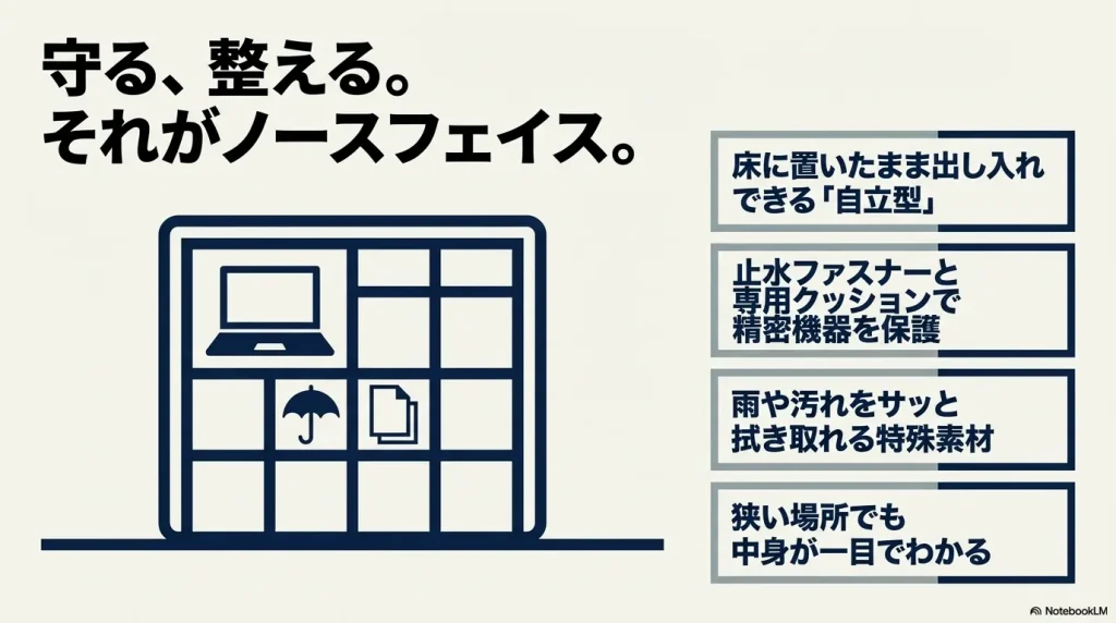 床に置いたまま出し入れできる自立型で、止水ファスナーと専用クッションで精密機器を保護するノースフェイスの特徴