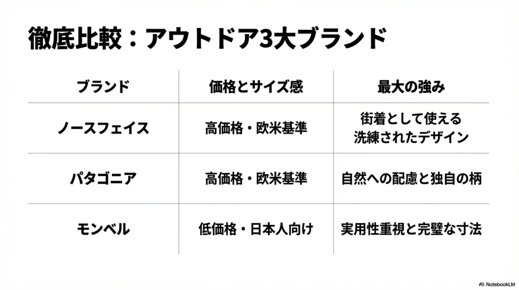 ノースフェイス、パタゴニア、モンベルの価格、サイズ感、最大の強みを比較した表