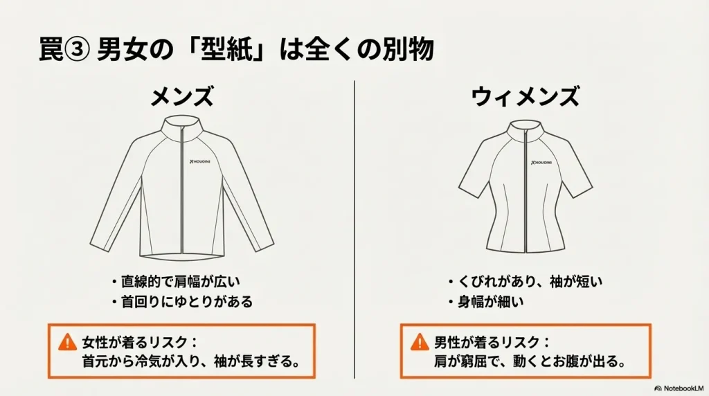 直線的なメンズモデルと、くびれのあるウィメンズモデルのシルエットの違いと、それぞれを異性が着た際のリスク