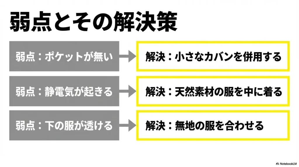 ポケットなし、静電気、透け感といったフーディニの弱点と、カバンの併用や天然素材の着用などの解決策をまとめた表。