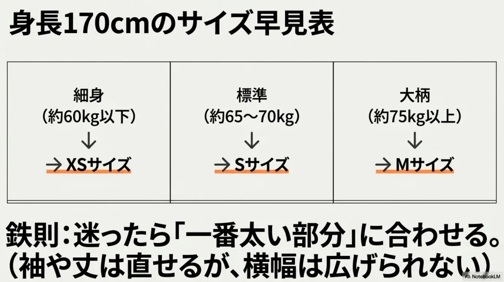 身長170cmの人が、体重（細身・標準・大柄）に合わせてXS・S・Mサイズを選ぶ際の目安表