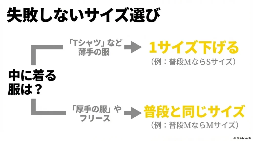 薄手の服なら1サイズ下げ、厚手の服なら普段と同じサイズを選ぶという、インナー別のサイズ選びガイド。