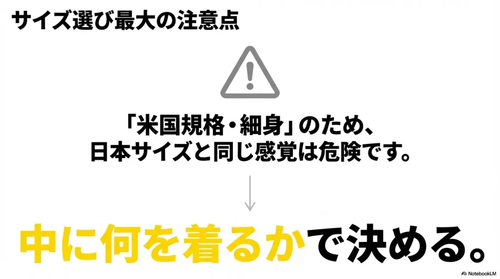 米国規格のスリムフィットであるため、中に着る服に合わせてサイズを選ぶ必要があることを示す警告アイコン付きのスライド。