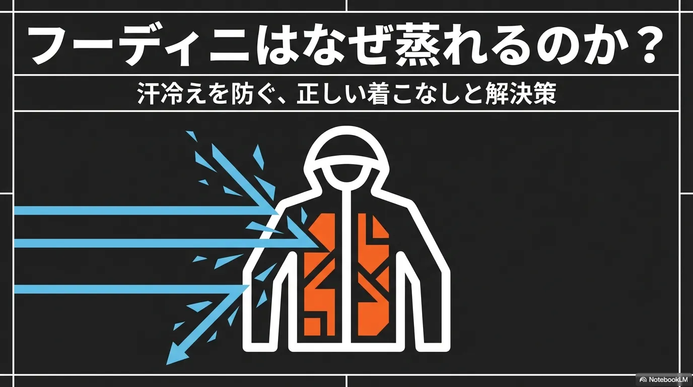 フーディニが蒸れる原因や、汗冷えを防ぐ正しい着こなしと解決策を示すタイトル画像
