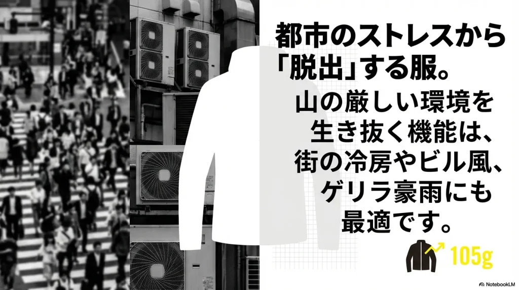 山の厳しい環境で生き抜く機能が、街の冷房やビル風、ゲリラ豪雨にも最適であることを示す図解。