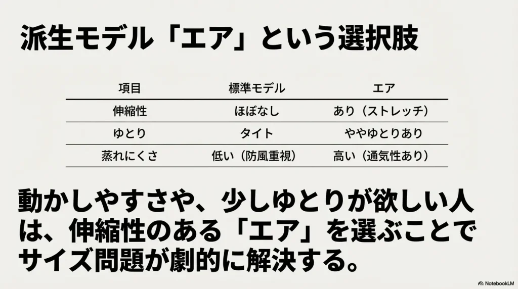 標準モデルとエアモデルの、伸縮性・ゆとり・蒸れにくさの違いをまとめた比較表