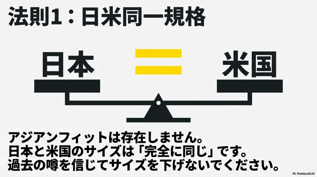 パタゴニアの日本と米国のサイズ規格は完全に同一であり、アジアンフィットは存在しないことを示す図