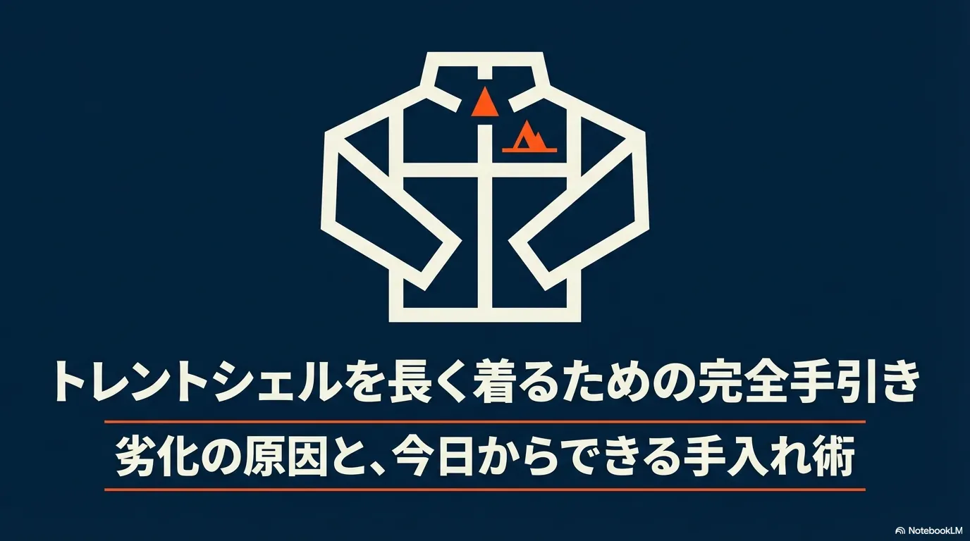 パタゴニアのトレントシェルジャケットのイラストと、長く愛用するための手入れ術を紹介する表紙スライド