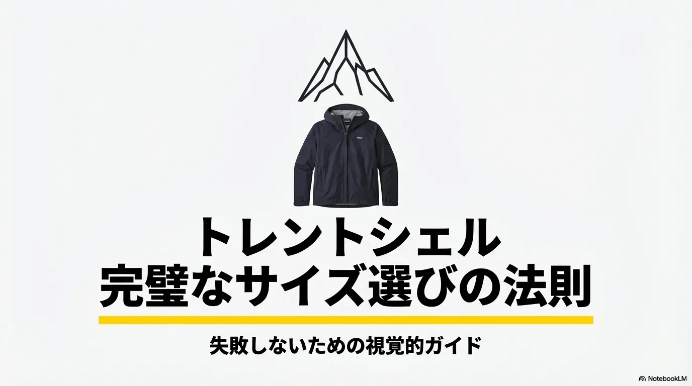 パタゴニアのトレントシェルの完璧なサイズ選びの法則を示す視覚的ガイドのタイトル画像