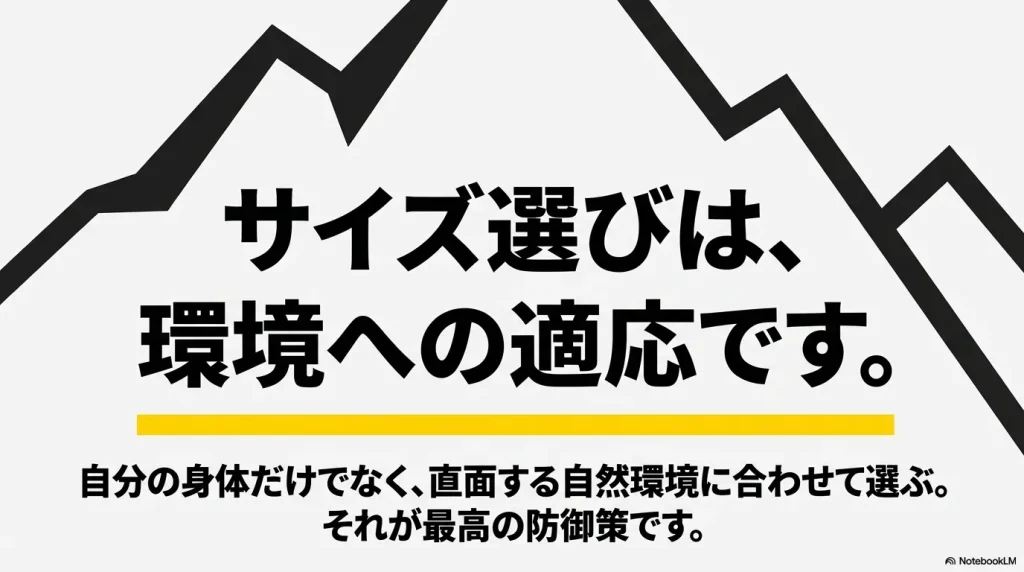 サイズ選びは自分の身体だけでなく直面する自然環境への適応であり、それが最高の防御策であるというメッセージ